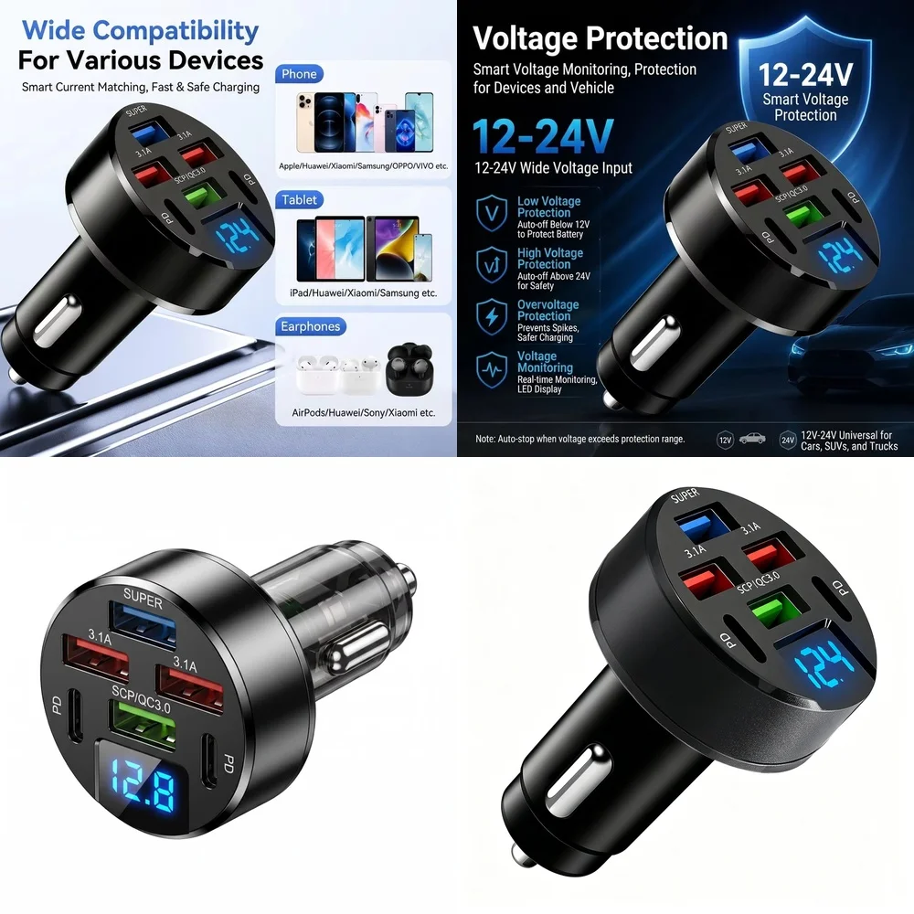 100W Sechsfach-USB-Autoladegerät mit LED-Spannungsanzeige, QC3.0, SCP, PD, USB-Schnellladegerät für iPhone und Samsung