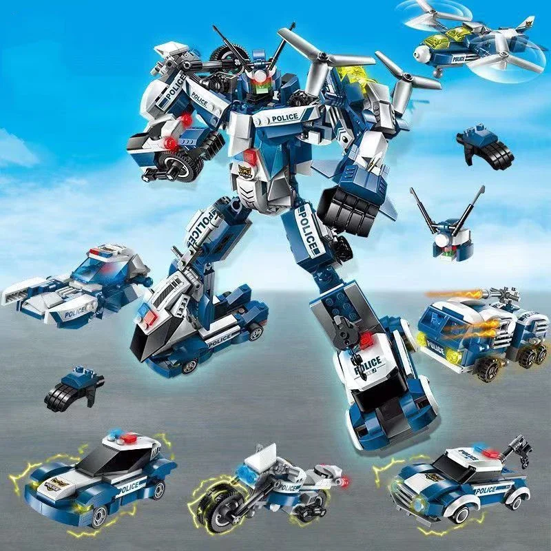 577PCS Transforming Robot Building Blocks 6 in 1 City Police Vehicle Assembly DIY Toys War Mecha Model Bricks Kids Holiday Gifts