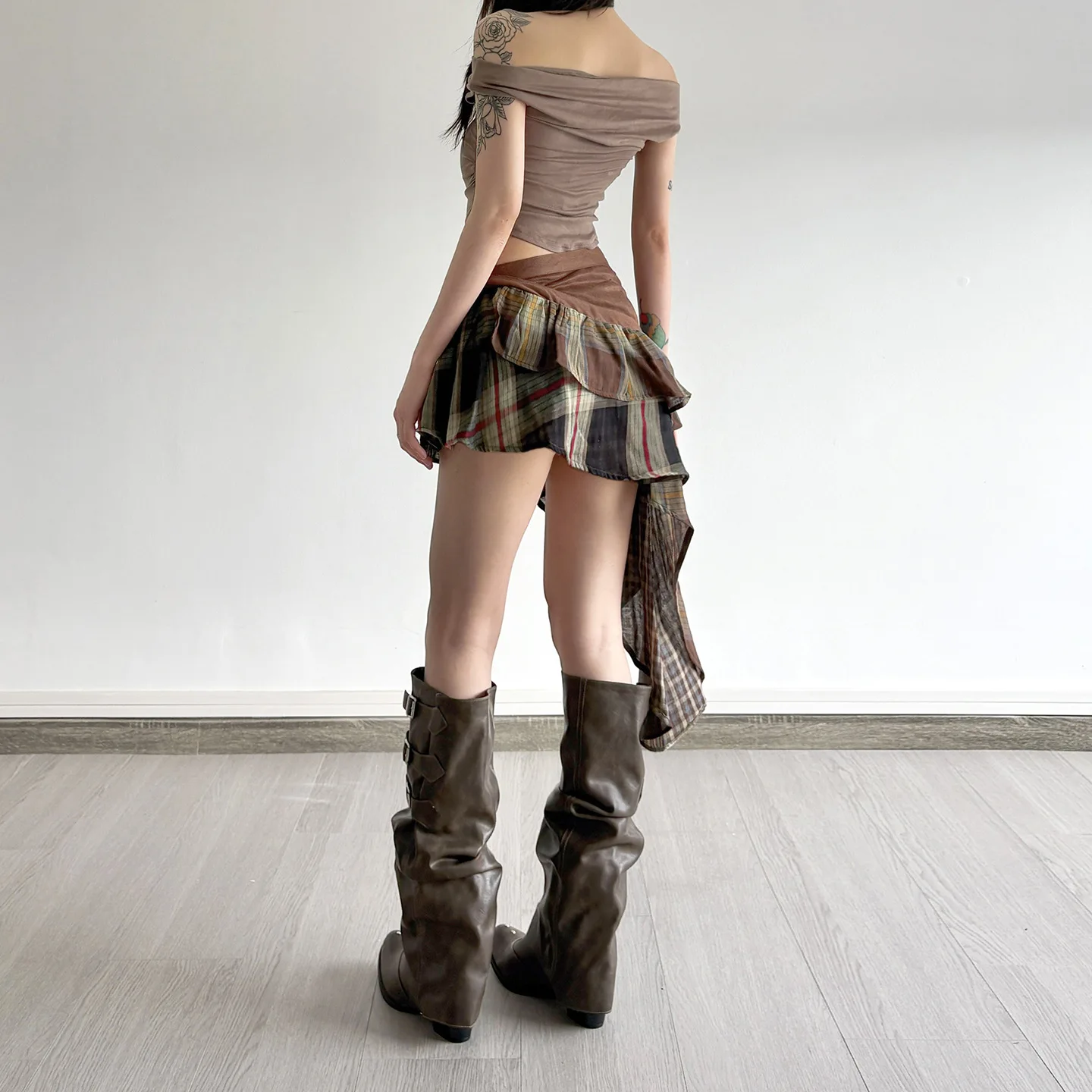 Retro High Waist Spring 2026 Trend Streetwear Skirts Women A Line Irregular Patchwork Plaid Half Body Skirts Fashion Women Skirt