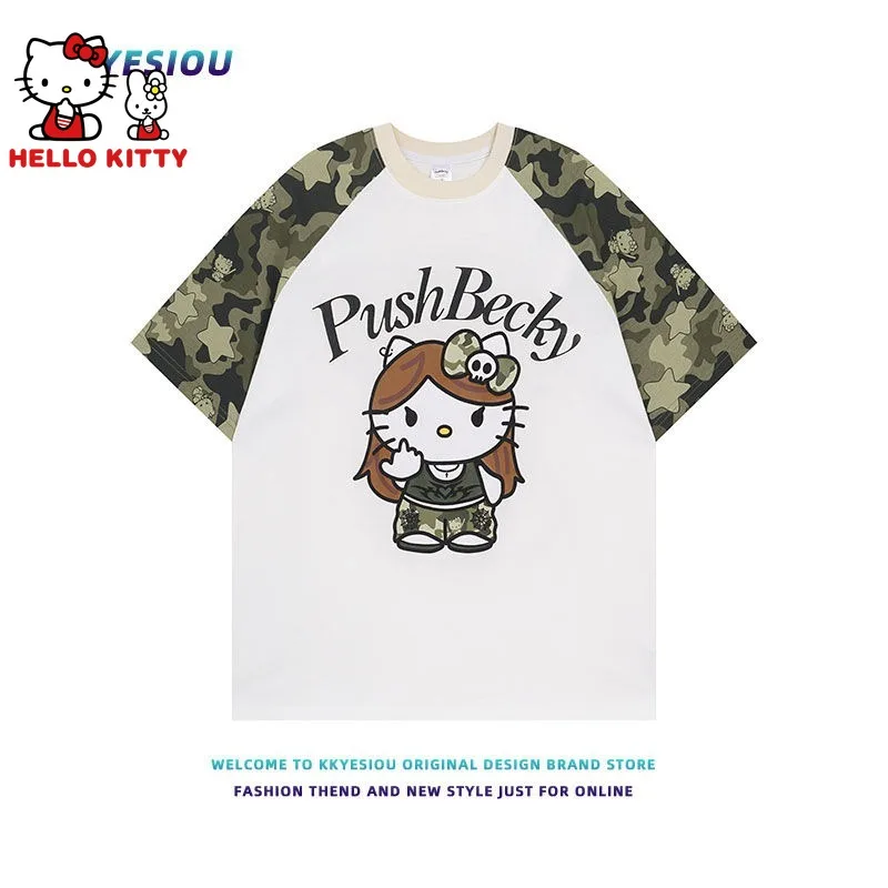 Hello Kitty Loose Camouflage Printing T-shirt Cotton American Casual Cartoon Women Men Short Sleeve Fashion Tees Couple Clothing