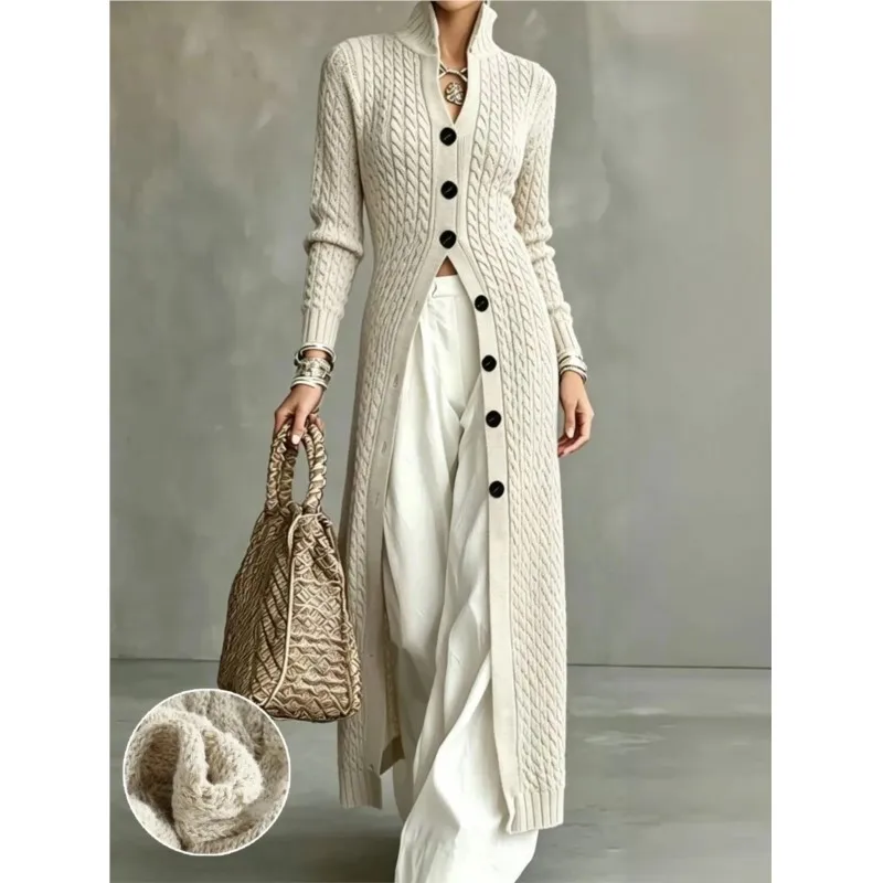 Women's Casual Solid Knitted Sweater Jacket Autumn Winter Fashion Stand Up Collar Single Breasted Cardigan Ladies Long Sweaters