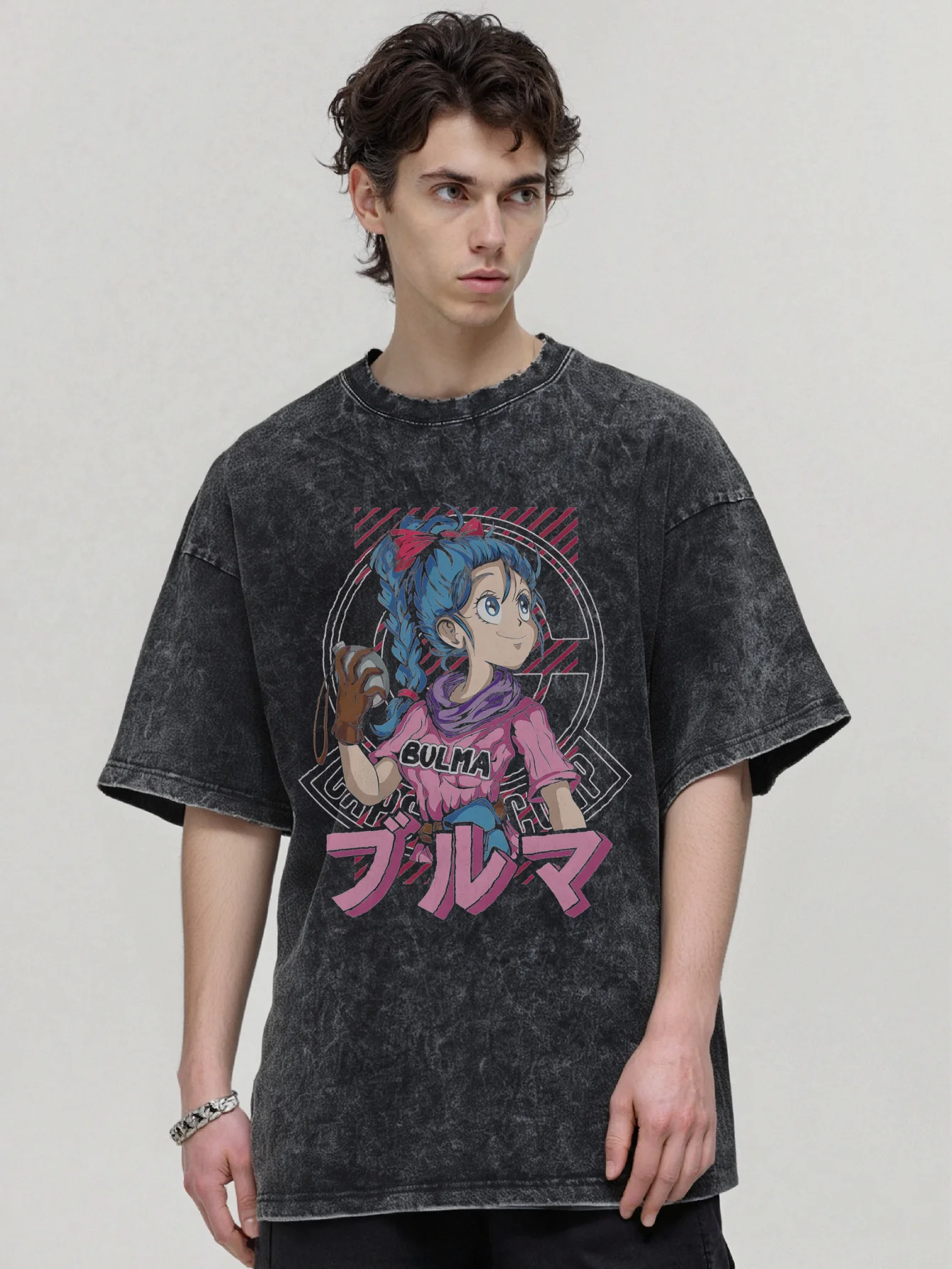 アニメ柄フロントプリント、レトロウォッシュドコットンメンズTシャツ、半袖トップストリートウェア