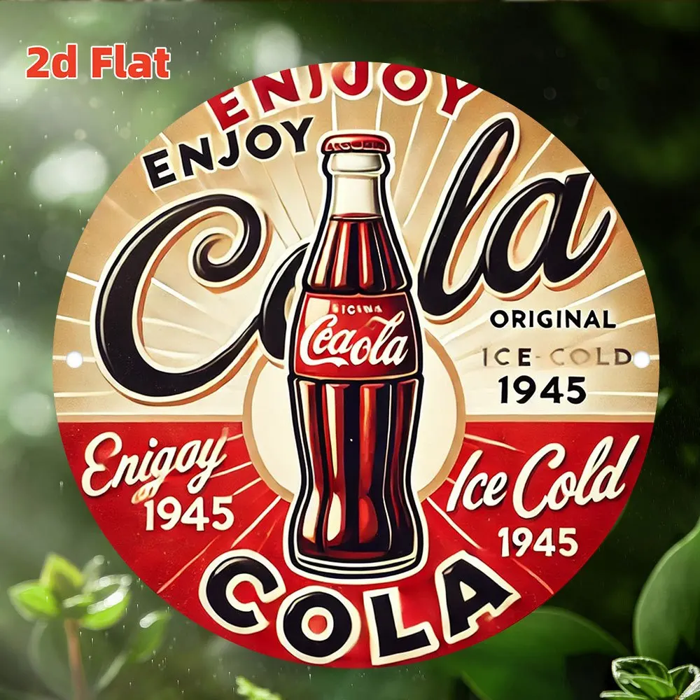 مسطح ثنائي الأبعاد، [مسطح] قطعة واحدة مستديرة عتيقة 1945 استمتع بعلامة كولا آيس كولد - ديكور حائط من الألومنيوم للمنزل والبار، للسيارة والحديقة -