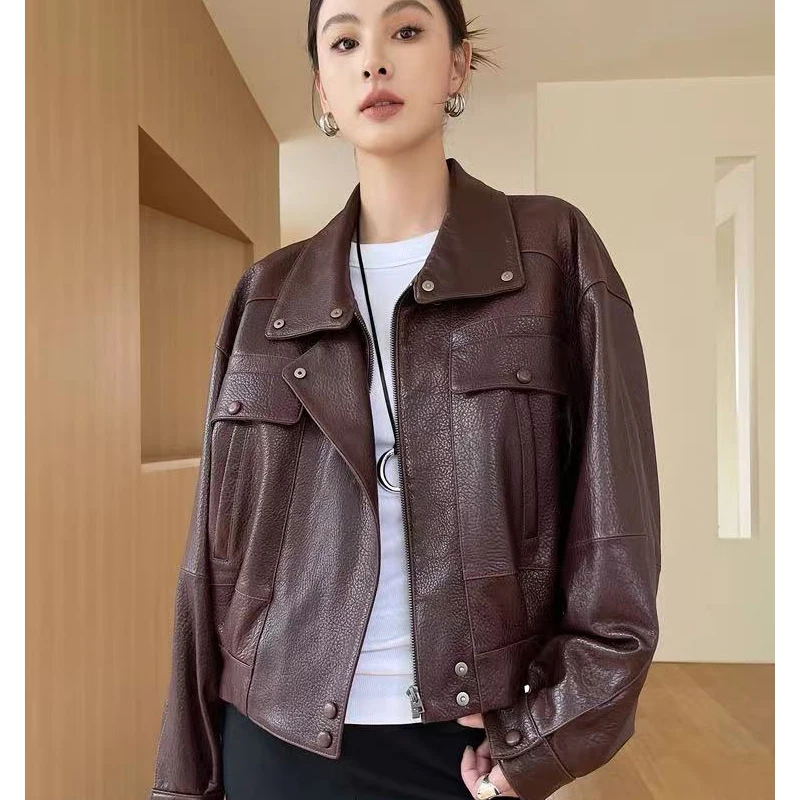 Damska zimowa kurtka z owczej skóry importowanej, skóra owcza typu bubble, damska burgundowa kurtka motocyklowa z klapami i zamkiem błyskawicznym, chaquetas de mujer.