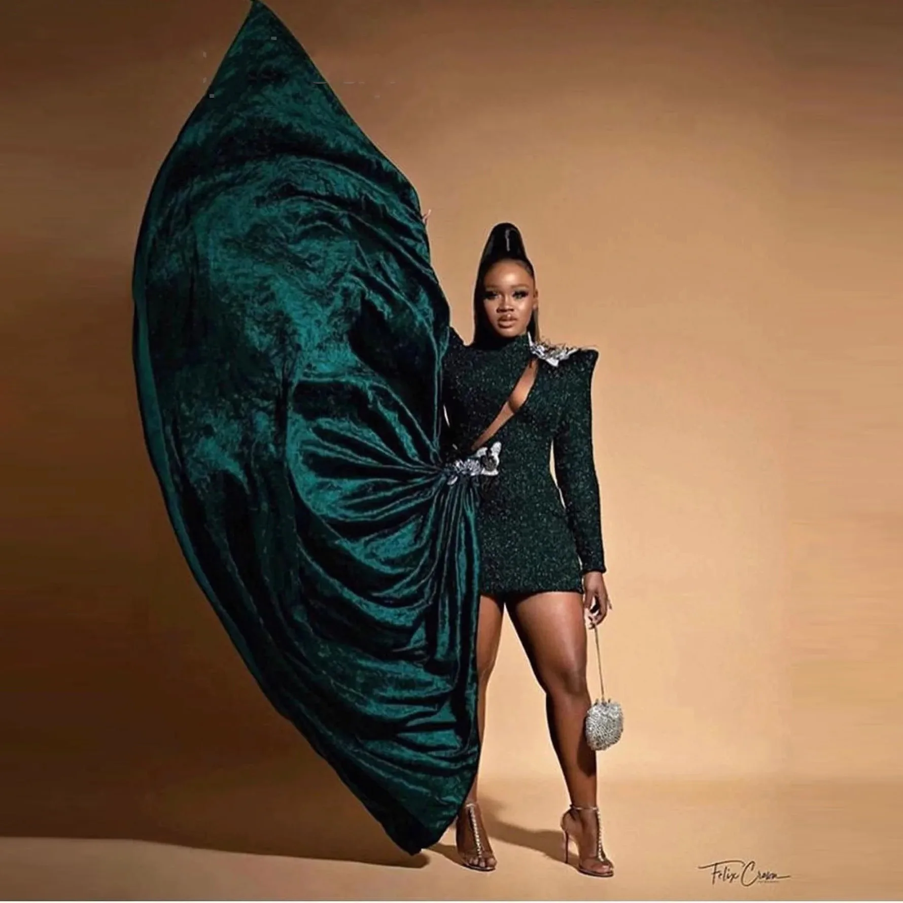 

Emerald Green Prom Dress with Sleeves Overlay Sequin Feather Party Dresses Sexy Sheer Net Sheath Floral Mini Prom Dresses