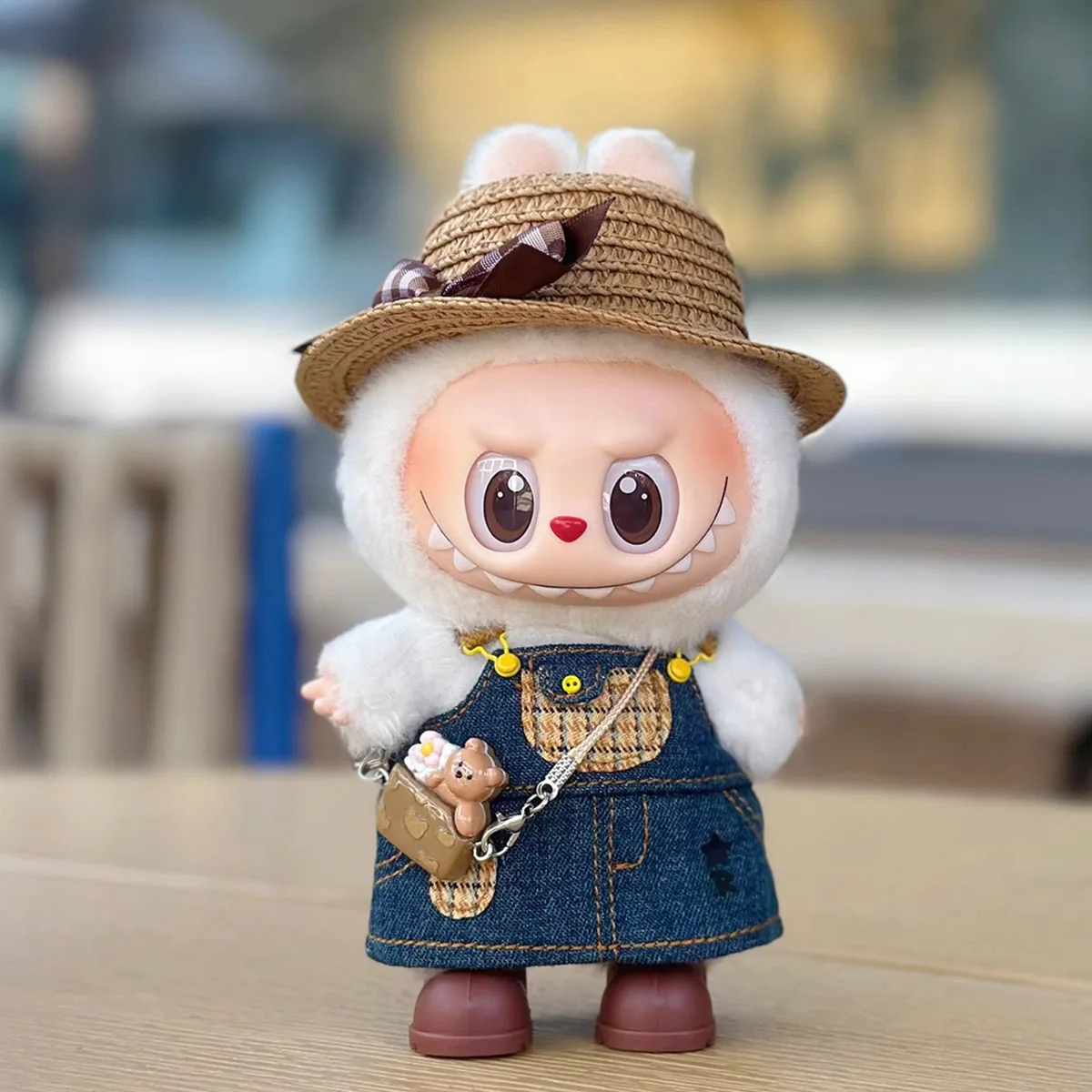 

Cute Mini Doll'S Clothes Accessories for 17cm Labubu Denim Strap Skirt Straw Hat Skirt Set Clothing Gift