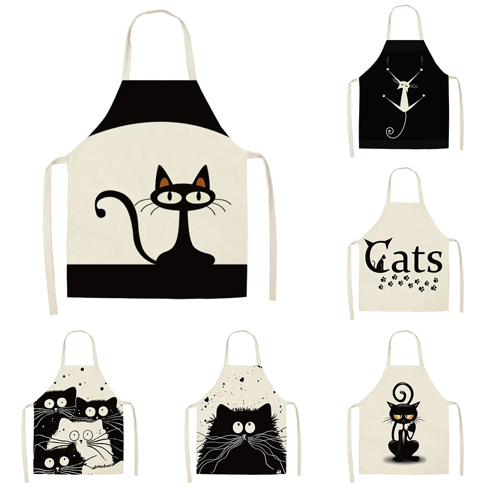 Cute cartoon cat print pattern sleeveless apron cotton linen apron for men and women home cleaning tool bib 68x55 cm