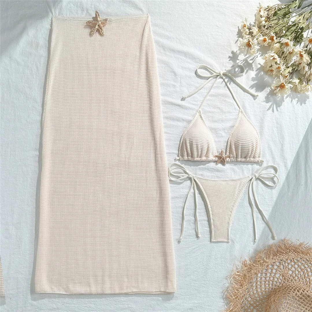 Metall-Stern-Halter-Bikini, Damen-Badeanzug, Damen-Badebekleidung, dreiteiliges Bikini-Set mit Rock, gepolsterter Badeanzug, Badebekleidung, Modell V6740Y. – Detail 33