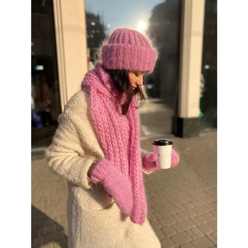 

7 Colors Women's Knit Hat Scarf Hand 3 Piece Set Soft Warm Warm Winter Solid Color Fashion Accessories for Cold Weather