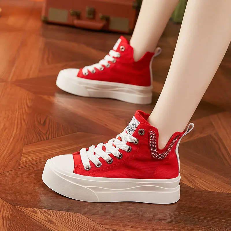 Women's High-top Canvas Shoes Summer New Breathable and Comfortable Mesh Sandals Red Fashionable and Versatile Casual Sneakers