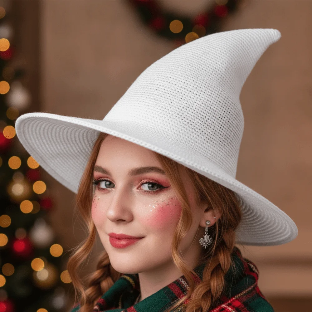 Halloween Beanie Knitted Witch Hat Wide Brim Pointed Top Wizard Cap Solid Color Soft Yarn Pointed Bonnet Teens