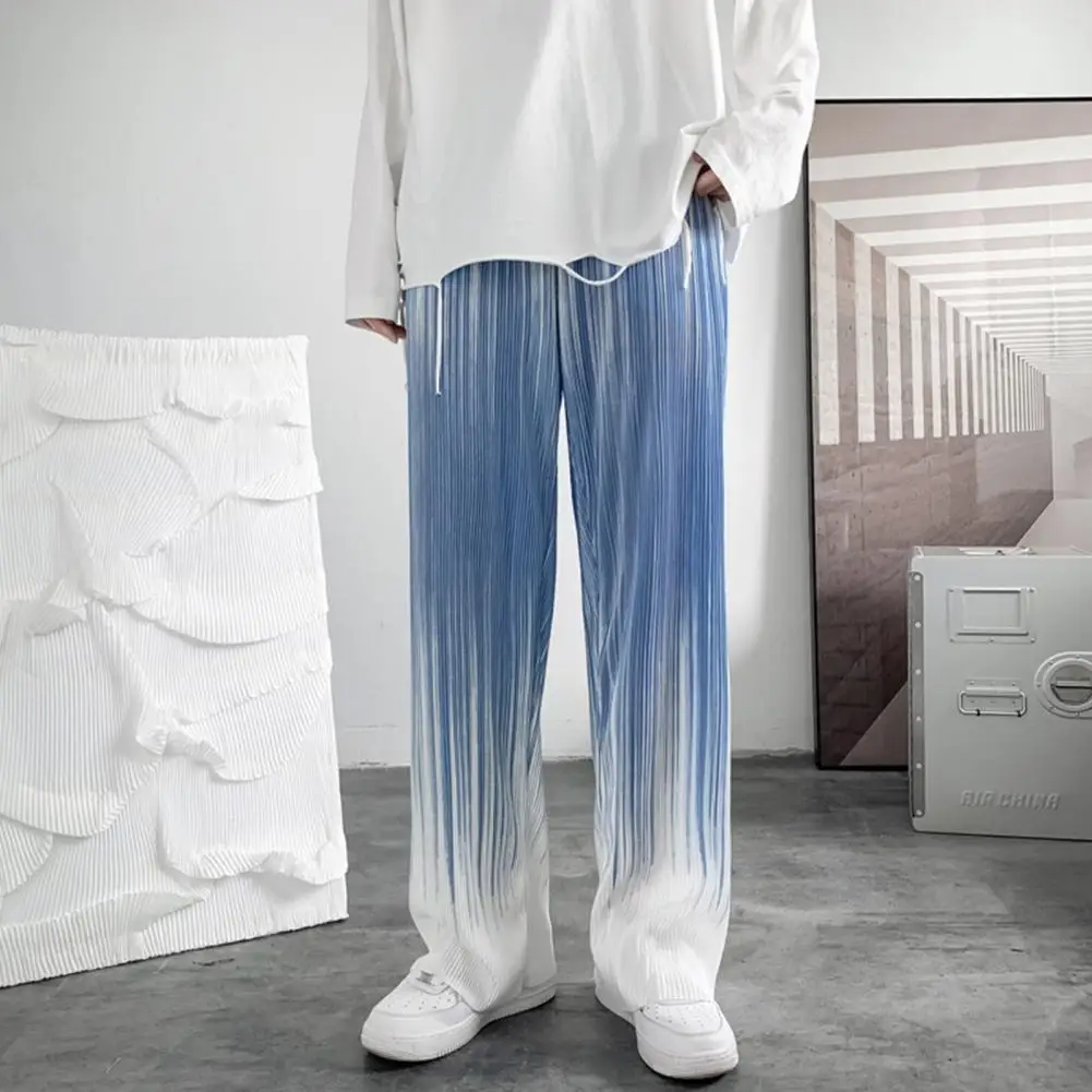 Vintage Gradient Color Wide Leg Pants Men Summer Thin Pleated Straight Trousers High Waist Elastic Streetwear Women Pants