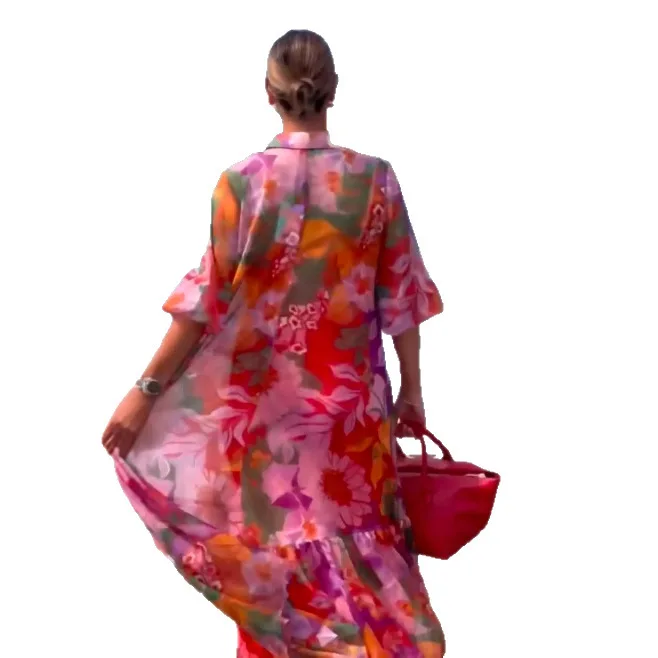 Retro Ethnic Print Long Dress Long Sleeve Loose Maxi Dresses Flowy Swing Dress Spring Summer