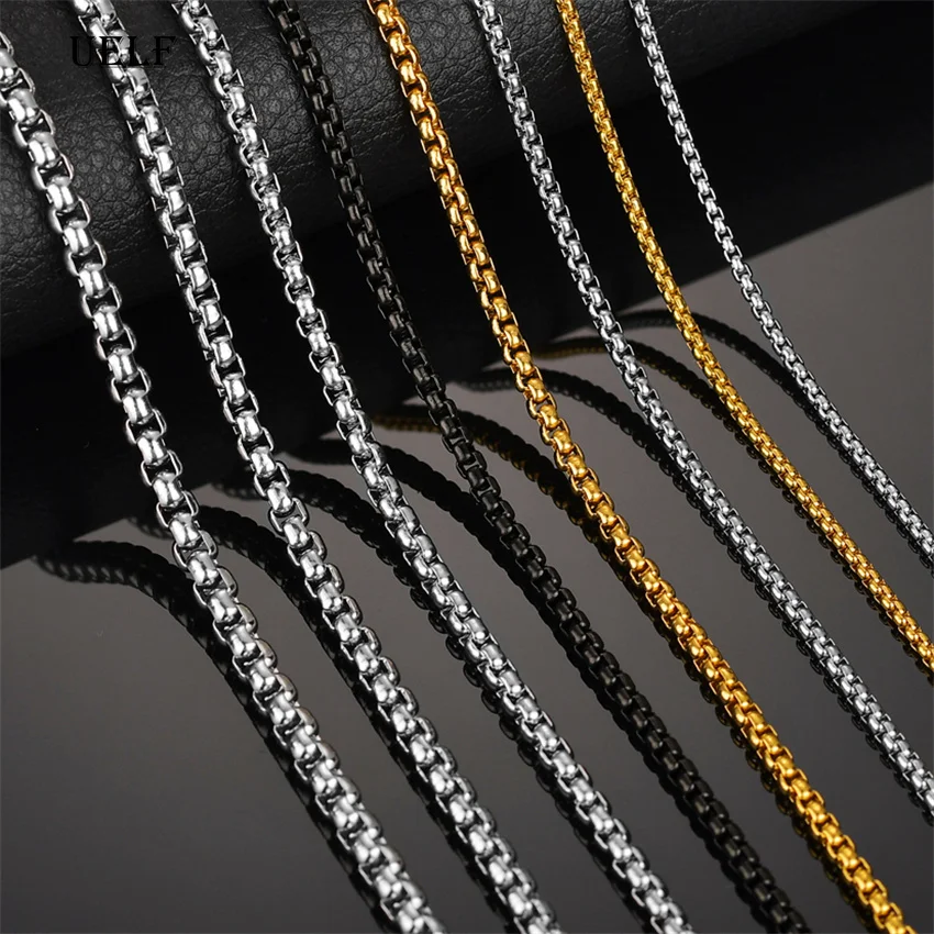 UELF 2MM 2.5MM 3MM Box Chains Stainless Steel Necklace DIY Long Necklaces Jewelry for Women Men Statement 45CM-75CM