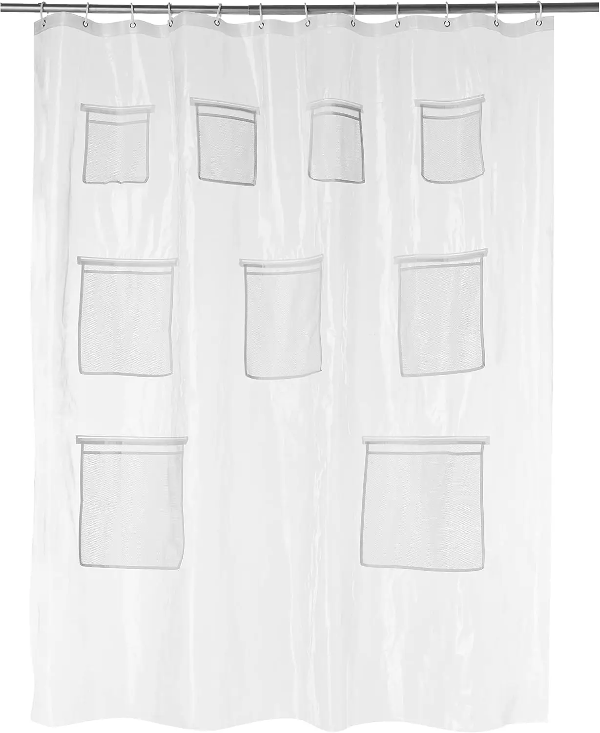 

8-Gauge PEVA Shower Curtain with Mesh Storage Pockets - 72x72, Clear