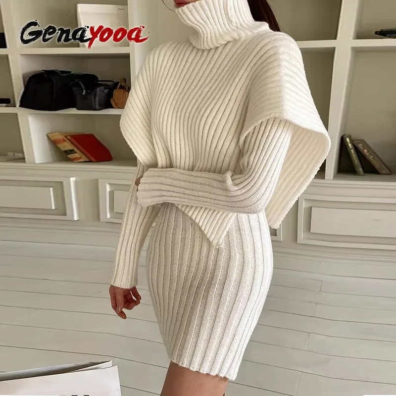 

Genayooa Winter Women Two Pieces Suits Knit Warm Turtleneck Pullovers Sweater + Slim Fit Dress Streetwear Lady Suits Outfits