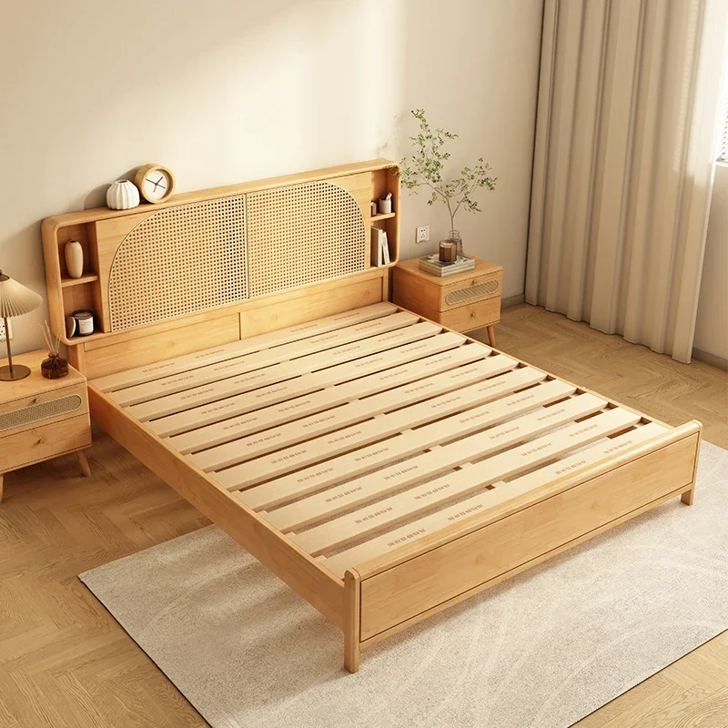 Rattan woven solid wood bed cream wind 1.8m double light white Nordic simple Japanese 1.5m high storage rattan bed