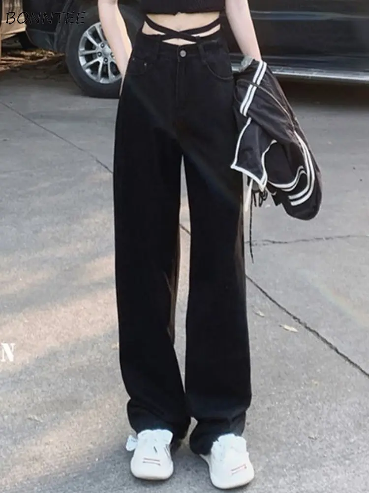 Jeans Women Classic Leisure All-match Students Lace-up Streetwear Fashion Design Spring Casual Simple Ullzang Ins Chic Holiday