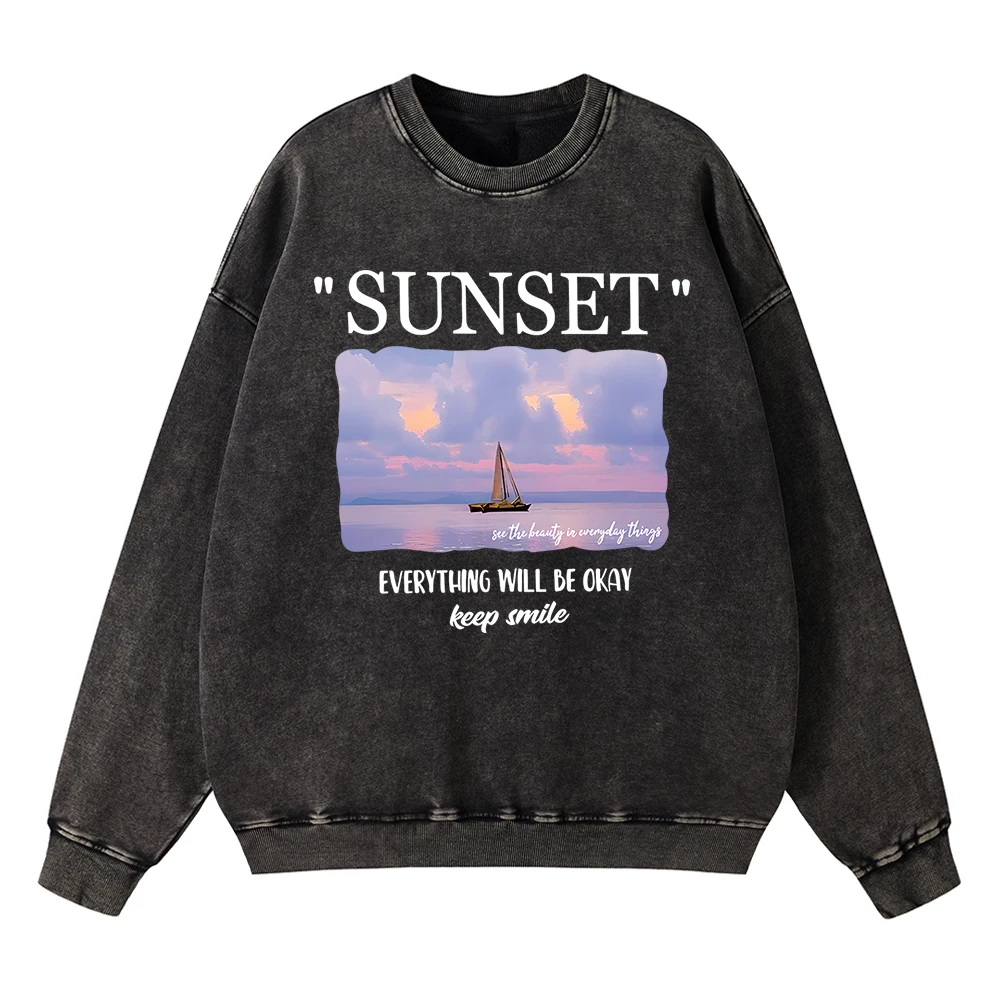 Vintage Distressed Washing Sunset Everything Will Be Okay Keep Men Sweatshirt Loose Hoody Cotton Hoodie Fashion Hoodies Tops