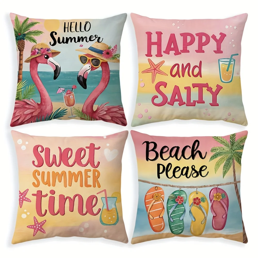 

1pc Summer Beach Vibes Throw Pillow Covers Flamingo Tropical Coastal Decorative Pillow Cases 2D Flat Printing Machine Washable