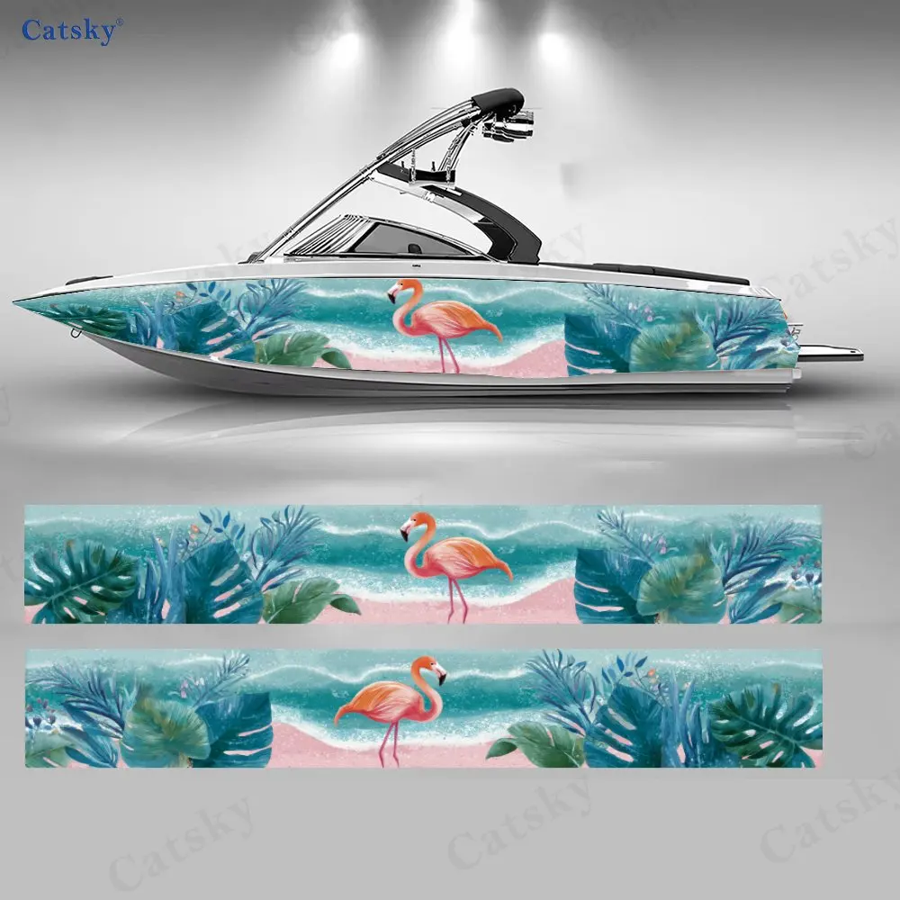 Tropical Flamingo Beach Style Boat Stickers, PVC Waterproof Vinyl Wrap Decals for Fishing Boats, Durable and Stylish Design