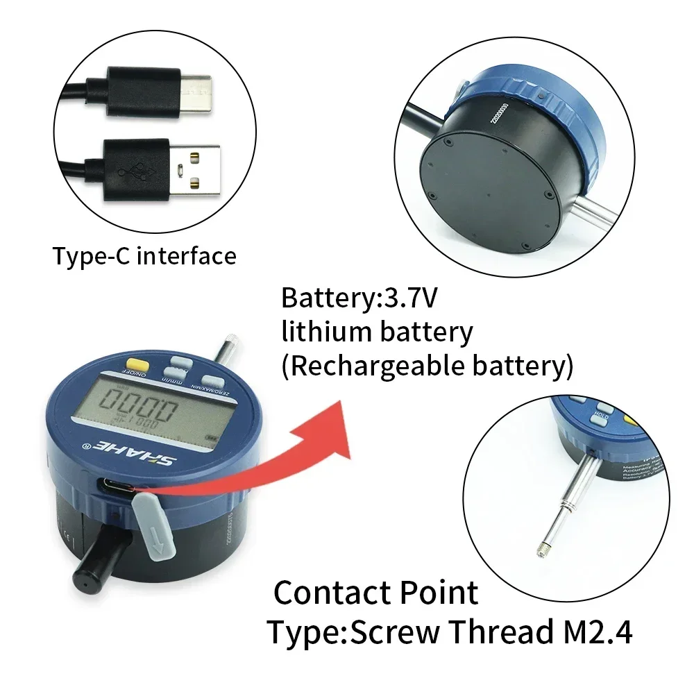 SHAHE 0-12.7 /25.4/50.8mm IP54 Digital Dial Indicator 5μm Resolution Metric Inch Dial Indicator Gauge Rechargeable Battery