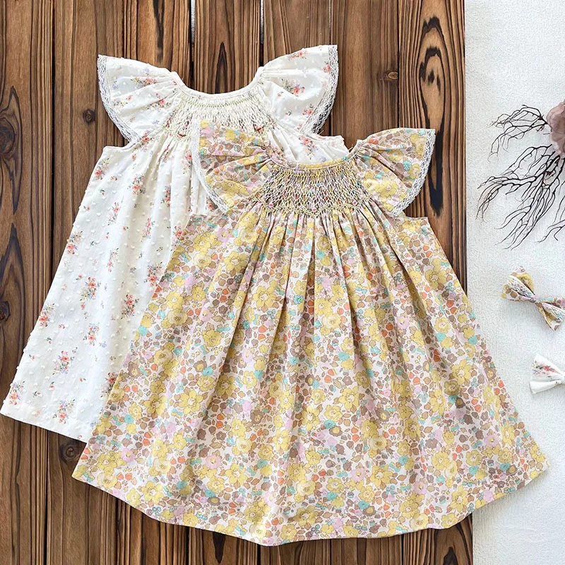 2025 New Summer Sister Clothing 1-6Yrs Baby Girl Party Dress Flying Sleeve Cotton Flower Print Kids Princess Dresses