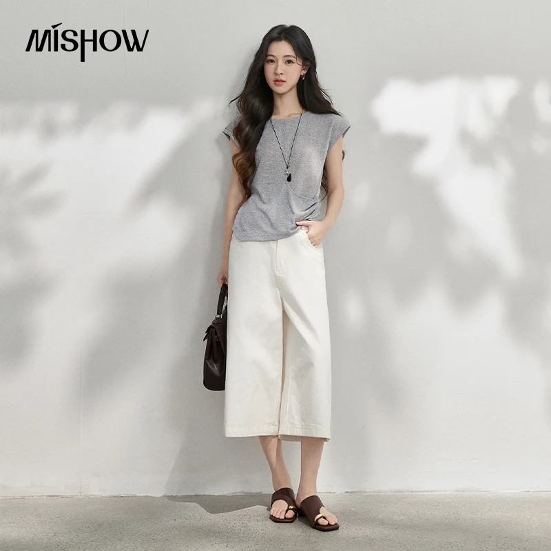 MISHOW White Pure Cotton Capri Pants 2026 Summer New Solid Color Pocket Minimalist Loose Straight Leg Pants For Women MXF25K1318