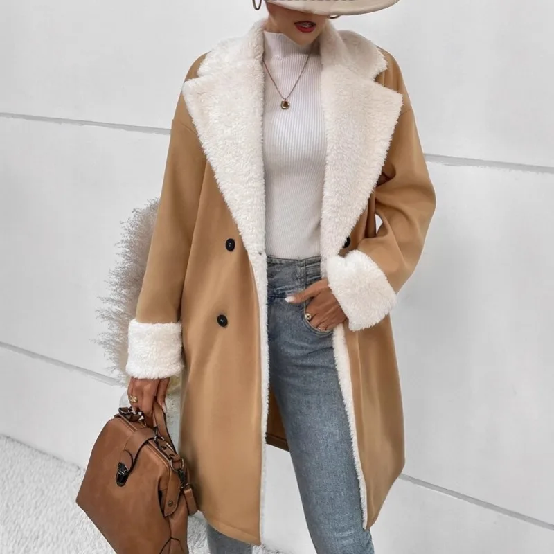

Autumn Winter Woman Wool Coat Double Breasted Woolen Long Medi Jacket Spliced Fleece Cashmere Elegant Women Vintage Coat Casual
