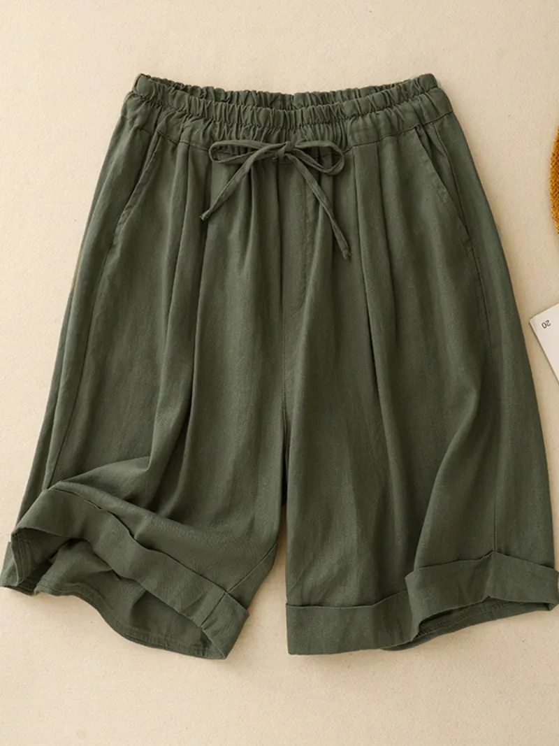 Women's Summer New Casual Shorts Female Japanese Style High Waist Elastic Waistband Wide Leg Loose Fit Simple Basic Short Pants