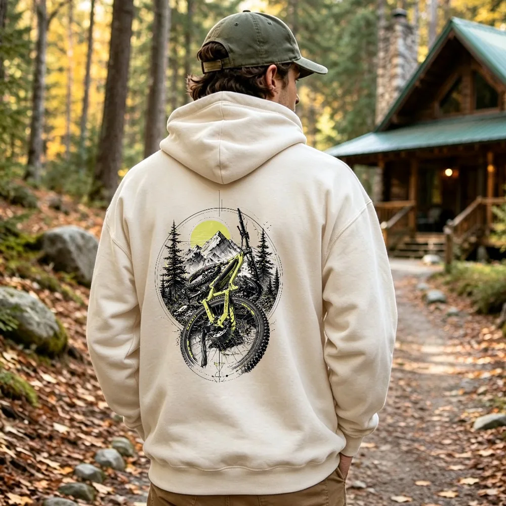 Mountain Bike Forest Sunset Graphic Hoodie Vintage MTB Pine Tree Mountain Landscape Art Print Sweatshirt Outdoor Cycling Tops
