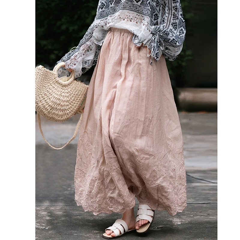 26 New Arrival Summer Women Casual Loose Good Quality Elastic Waist A-line Skirt Embroidery 100% Ramie Ankle-length Skirts T377