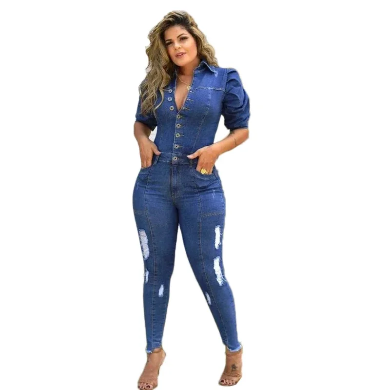 Sexy Plus Size Cotton Bodycon Long Jeans Jumpsuit Women Puff Sleeve Hole Ripped Denim Playsuit Romper Overalls Combinaison Femme