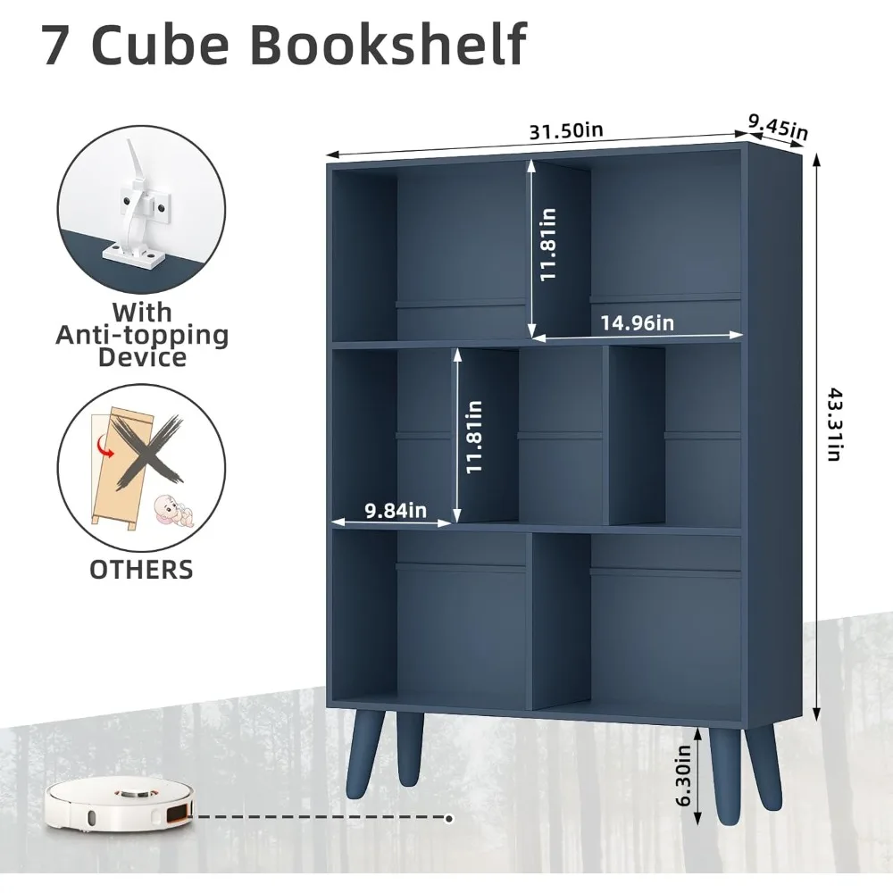 Blue Bookshelf,3 Tier Book Shelf with Legs, 7 Cube Minimalist Bookcase,Storage Organizer Shelves Display Bookcases for B