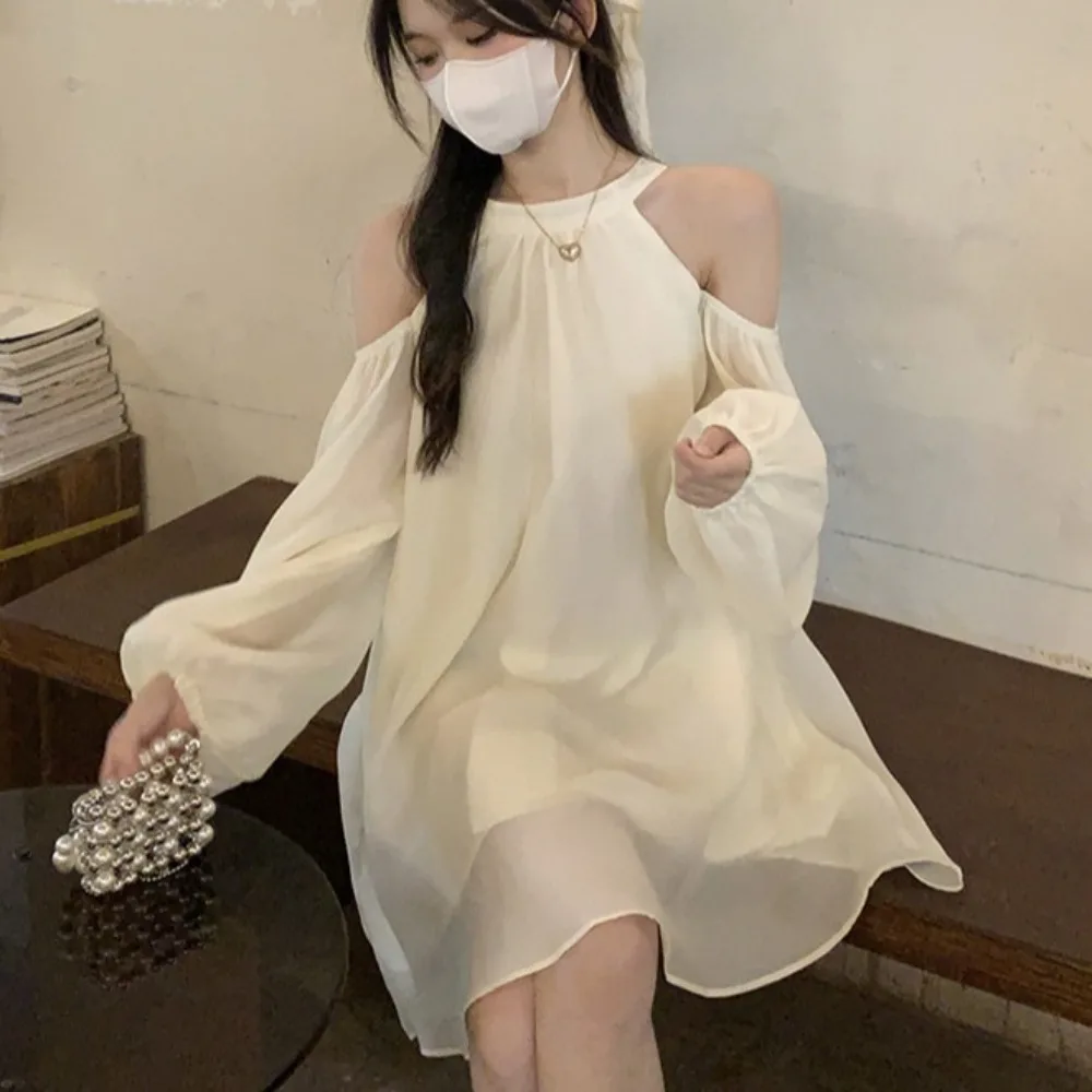 

Temperament A-line Off Shoulder Halter Dress Off Shoulder Beachwear Lace-up Short Skirts Streetwear White Dresses Women Party
