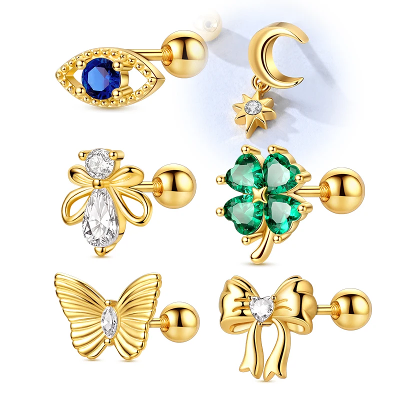 New 925 Sterling Silver Stud Earrings Golden Four-leaf Clover Butterfly Firefly Screw Ball Earring For Women Jewelry Accessories