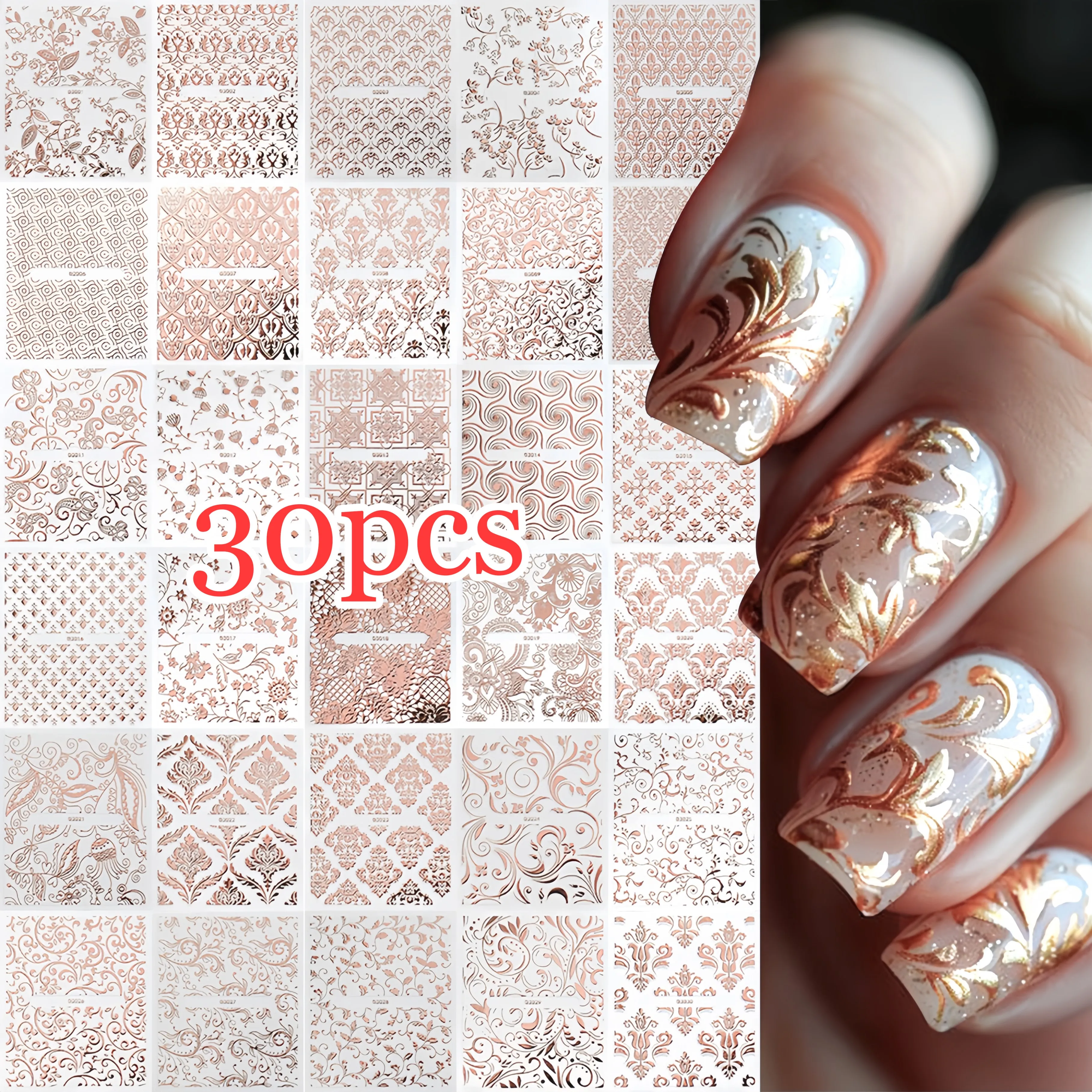 30pcs Gold Hollow Lace Flowers Nails Stickers Set Sexy Fishnet Mandala Pattern Nail Slider Decals DIY Manicure Charm Decorations