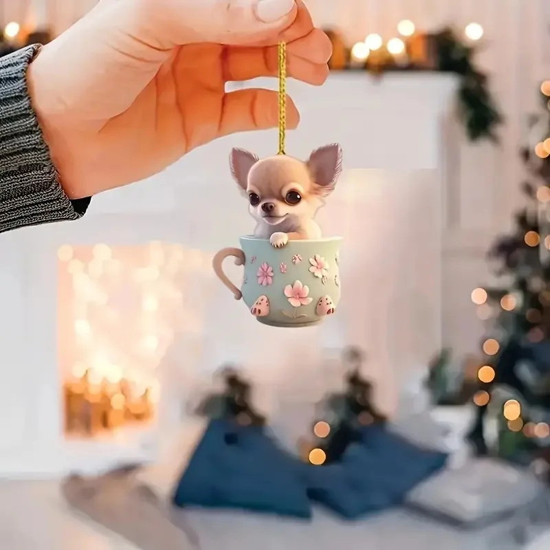 Acrylic 2D Teacup Puppy Keychain for Women Cute Chihuahua Dog Bag Pendant Car Decoration Accessories Key Chain Girl Jewelry Gift