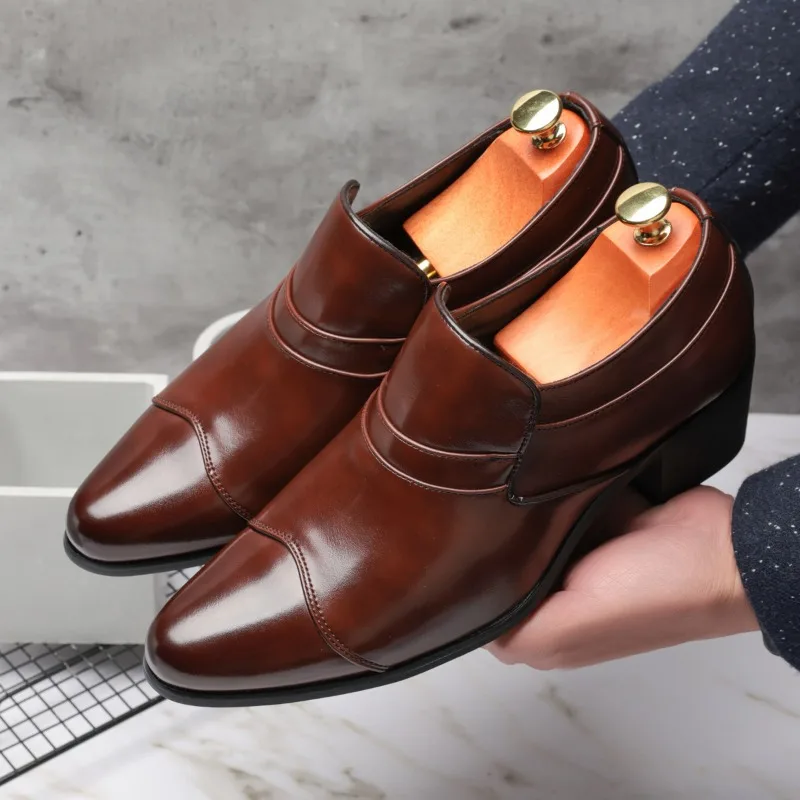 

High Quality Mens Business High-heeled Shoes European Brand Party Wedding Pointed-toe Leather Shoes Luxury Men Dress Shoe Hombre