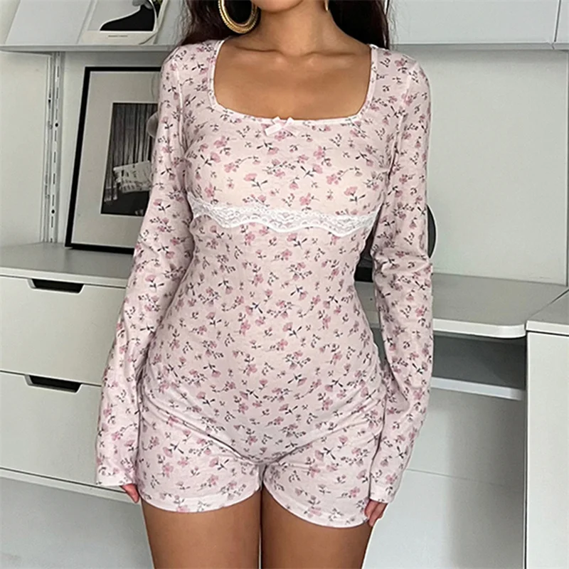 Dourbesty Vintage Women Spring Autumn Lace Trim Short Pajamas Rompers Long Sleeve Floral Print Slim Fit Jumpsuits Sleepwear 2024