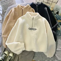 Streetwear Women Letter Sweatshirt Pullovers Fashion Harajuku Thick Warm Faux Lamb Fleece Crop Tops Loose Y2k Clothes New