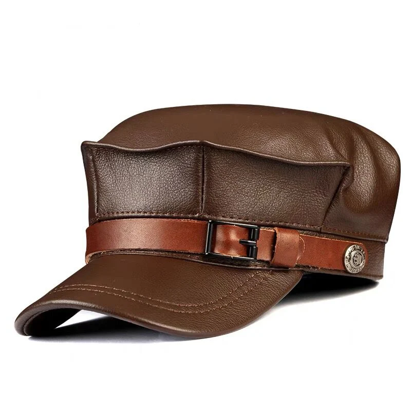 Winter Genuine Leather Cap Men's Flat Caps Army Military Hat Belt Elegant Man Baseball Cap British Vintage Cowhide Ear Warm Hat