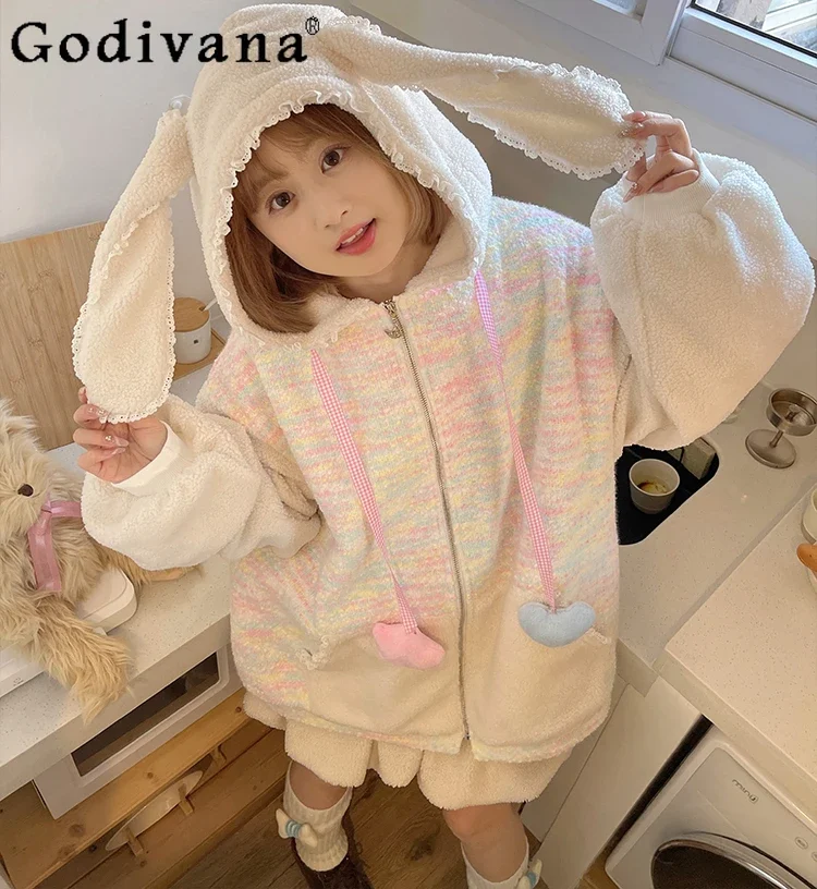 Japanese Girl Sweet Cute Plush Padded Hooded Hoodies Women Winter New Fashion Loose Large Size Student Cardigan Jacket Clothes