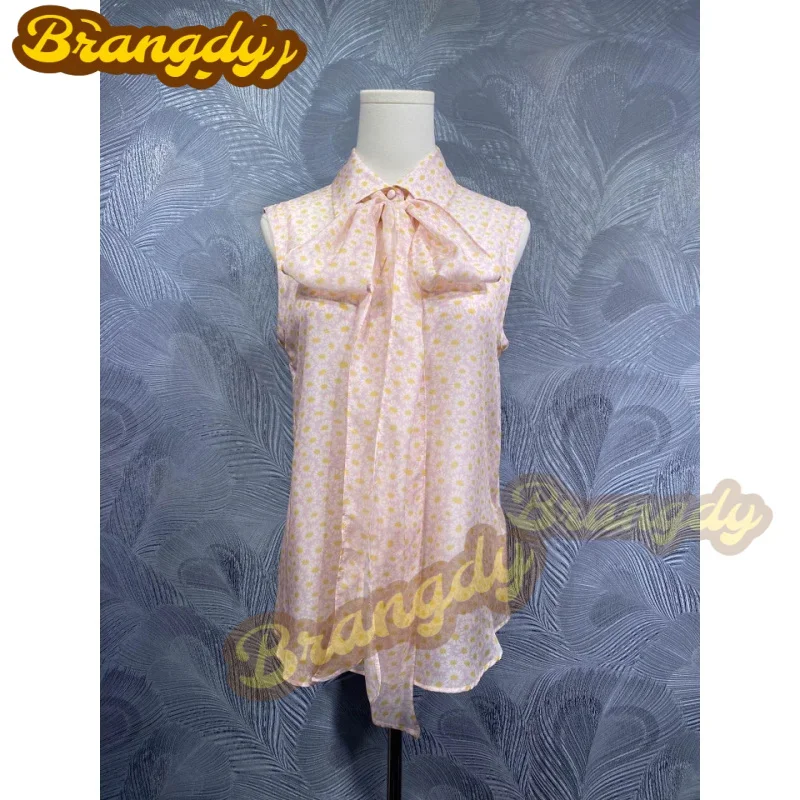 

Brangdy luxury clothing 2025 summer new bow tie silk print sleeveless top