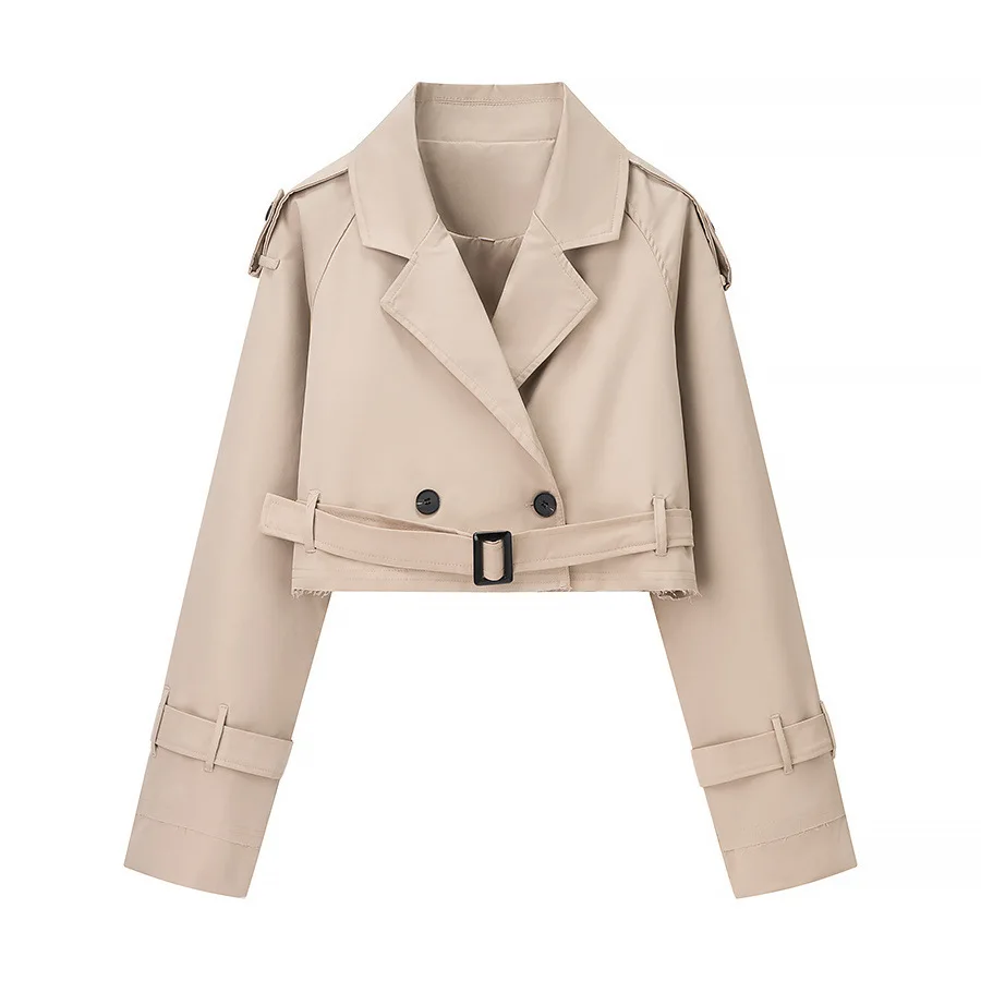 

2025 Autumn New Arrival Street Style Comfortable Casual Polyester Fiber Women's Short Double-Breasted Coat Jacket with Belt