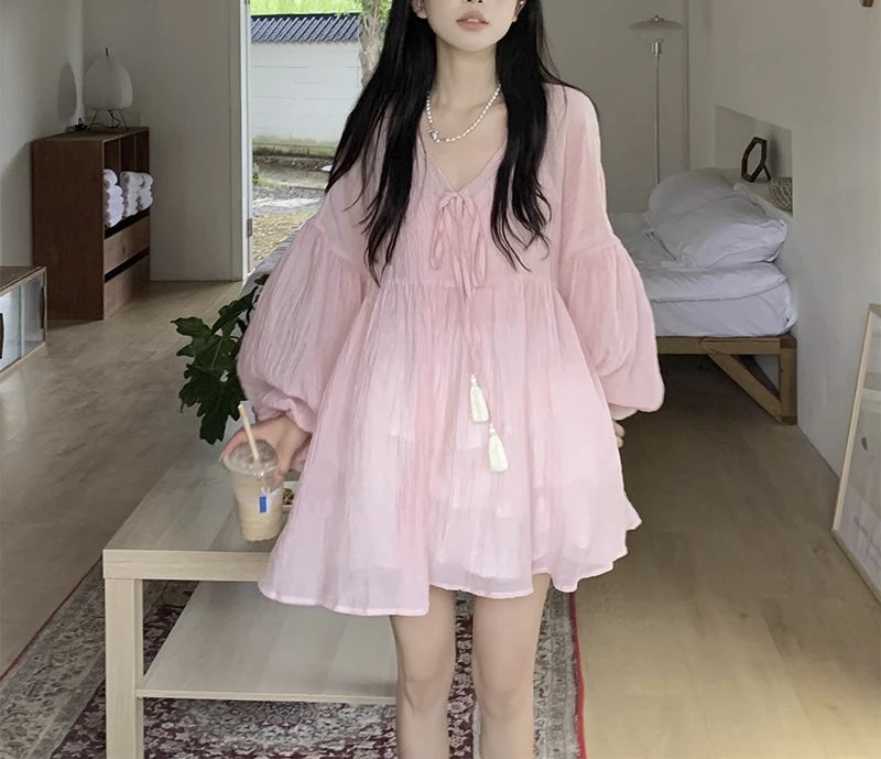 

Pink Desire Pink V-neck Straightened Long Sleeve Shirt Women's Spring Autumn New Gentle Wind Bubble Sleeve Doll Top Loose
