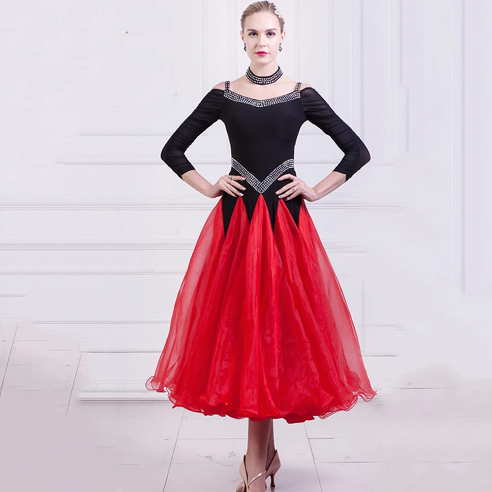 

Elegant Ballroom Dance Dress Women's Training Performance Modern Dance Costumes Big Swing Long Sleeve Tango Waltz Wear Clothes
