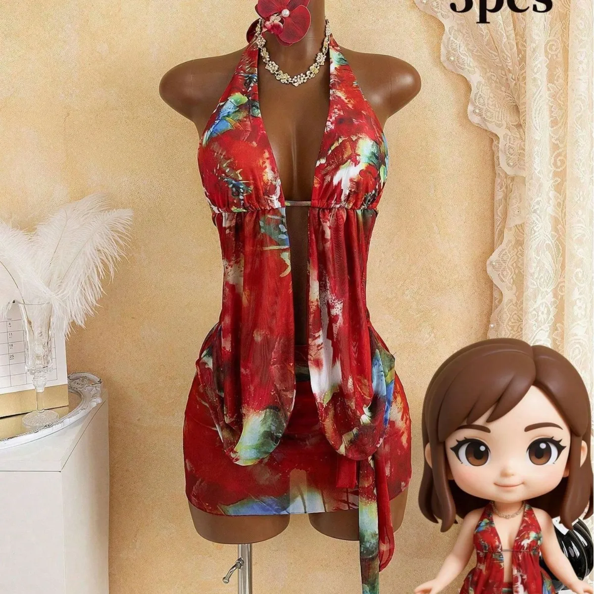 Abstract Print 3 Piece Bikini Set Women Tie Dye Halter Open Front Cover Up Mini Wrap Skirt Summer Beach Swimwear Bathing Suit