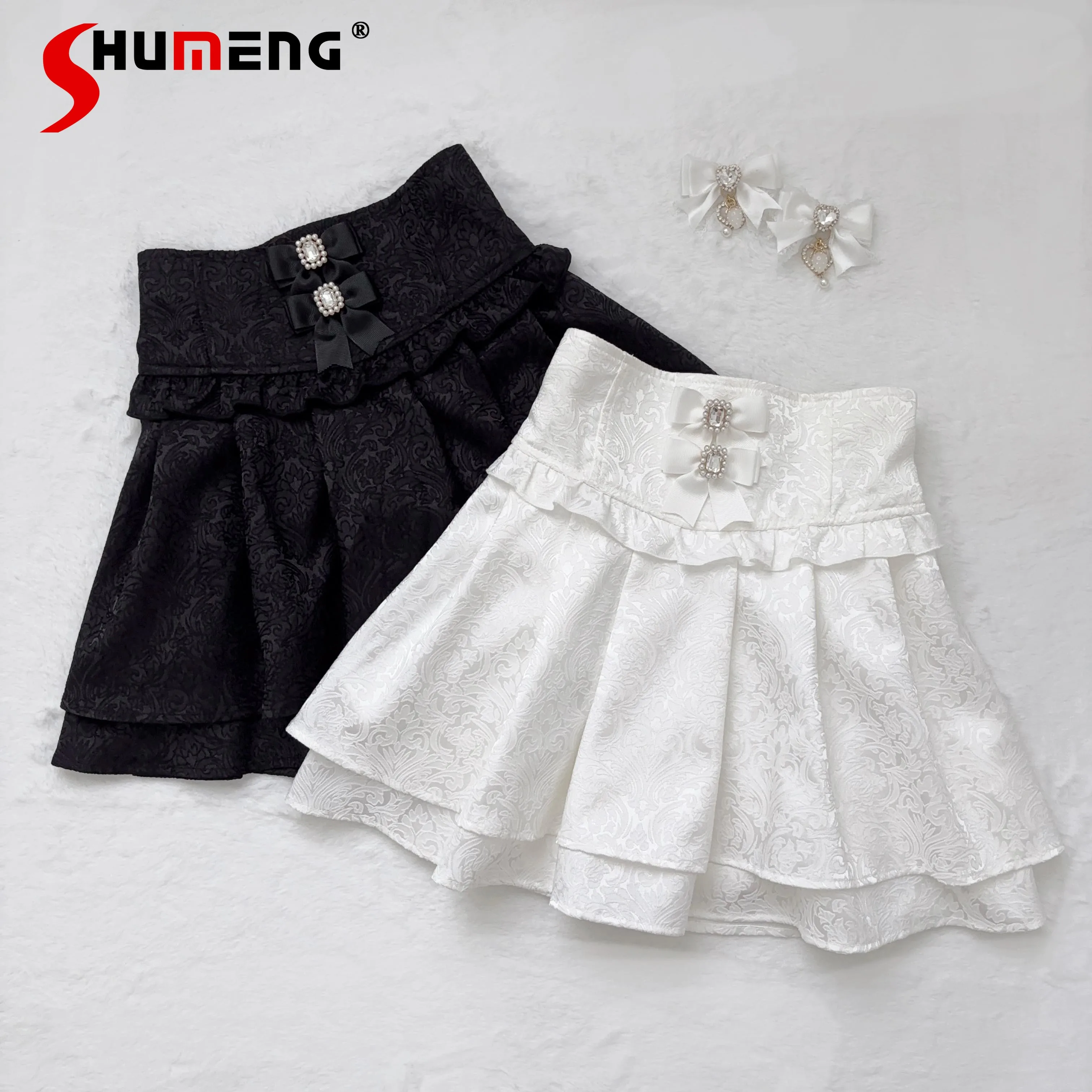 

Women's Japanese Mine Style Mass- produced Black Skirt Bow Rhinestone High Waist Short Skirt Lady Ruffles Sweet Skirts Autumn