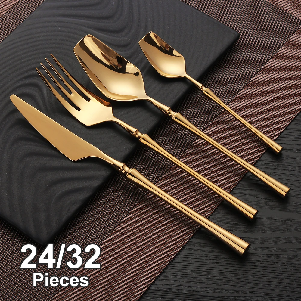 24/32Pcs Gold Cutlery Stainless Steel Tableware Western Dinner Set Mirror Sliver Knife Fork Spoon Matte Kitchen Utensils